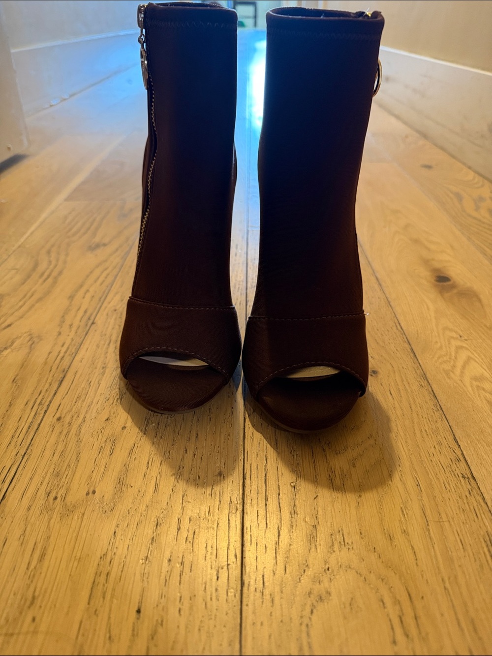 Guess Women's Open-Toe Stretch Heeled Booties in Dark Brown